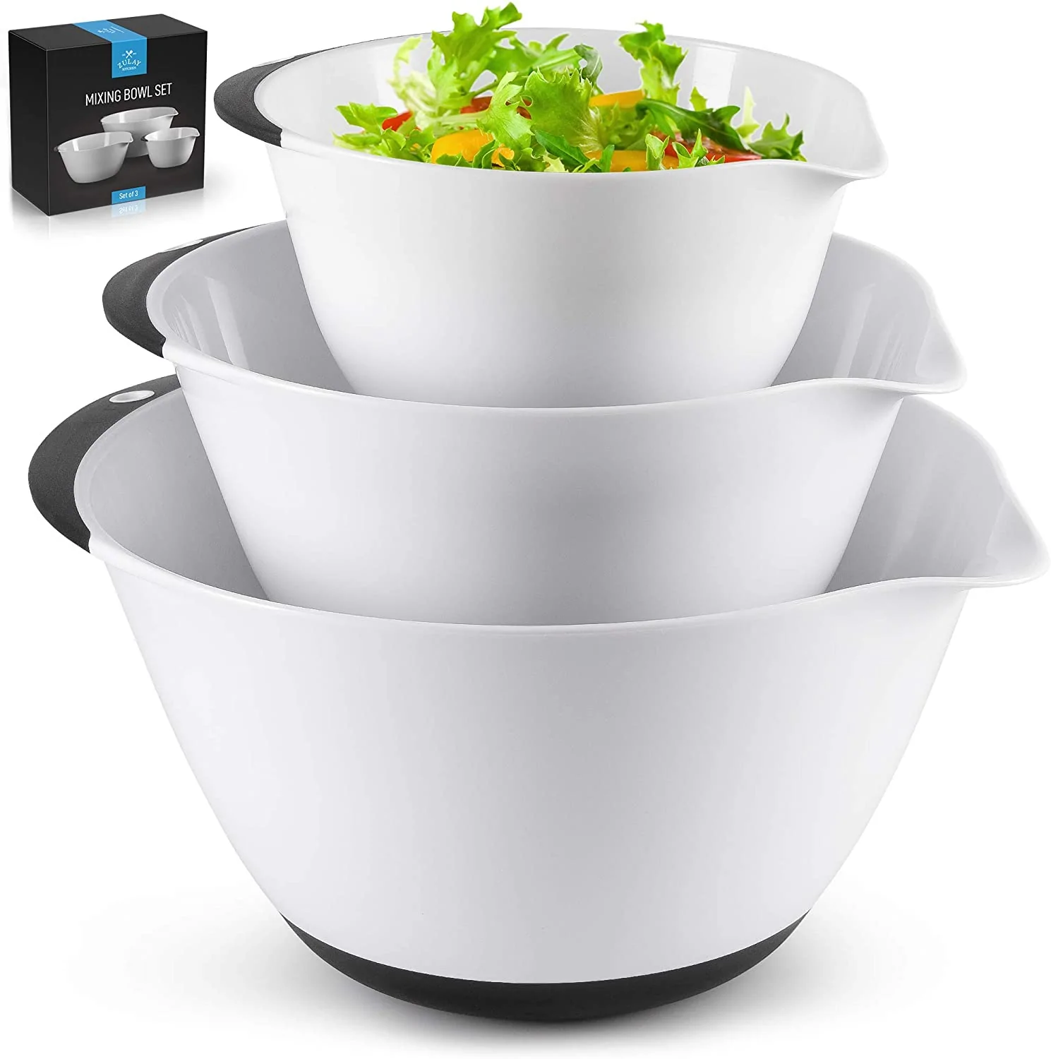 Zulay Kitchen 3-Piece Mixing Bowl Set - Plastic Mixing Bowls With Handles & Non Slip Bottom - Nesting Mixing Bowls With Pour Spout For Baking, Serving, Cooking, Meal Prep & More (White)