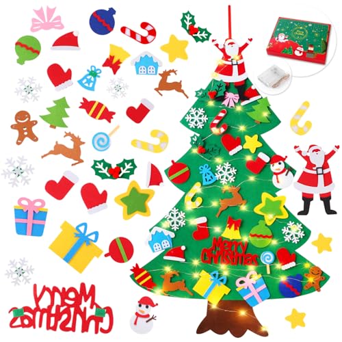Felt Christmas Tree for Toddlers, YCOISINI 3.2ft My First Christmas Tree for Kids, 34 Ornaments Wall Hanging DIY Xmas Decorations with String Light (Batteries Not Included), Monochrome Version