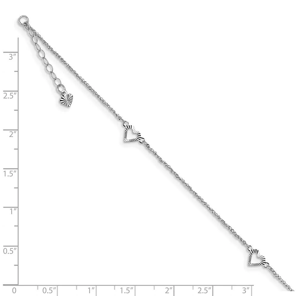 Primal Gold 14 Karat White Gold Diamond-cut Hearts 9-inch Plus 1-inch Extension Anklet
