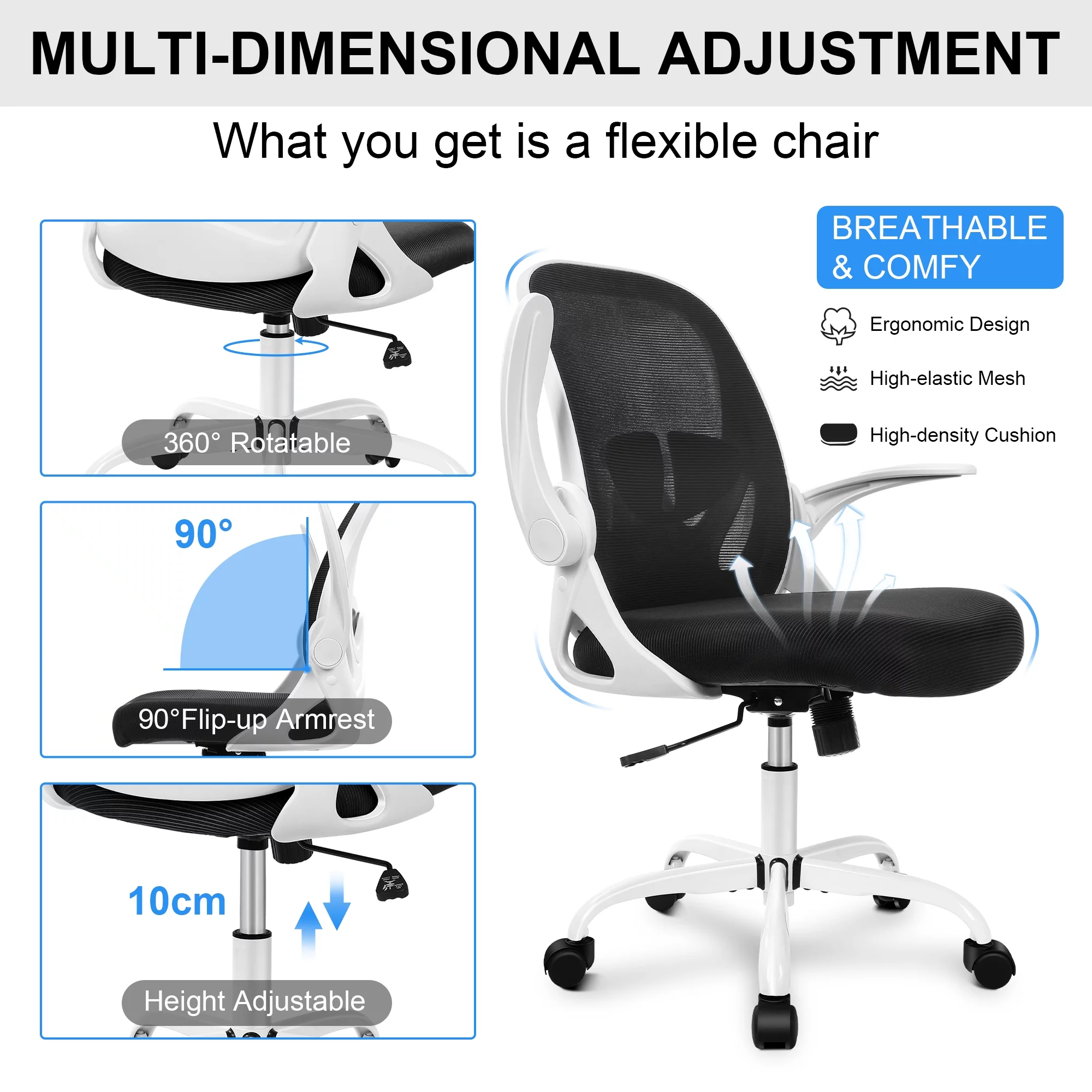 Coolhut Office Chair Ergonomic Desk Chair with Adjustable Lumbar Support and Height, Swivel Breathable Desk Mesh Computer Chair with Flip up Armrests for Conference Room (White)
