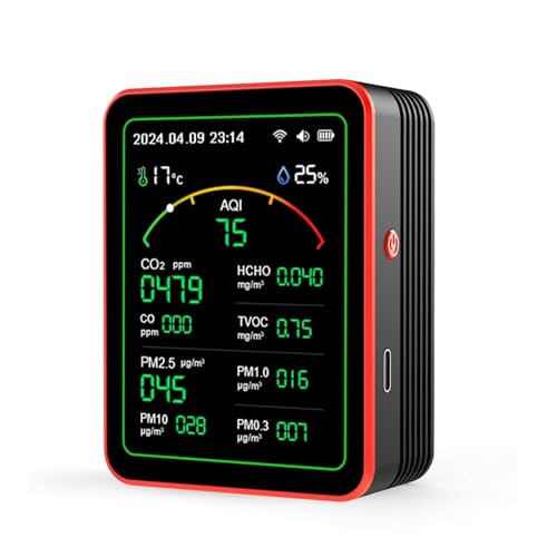 Air Quality Monitor, 15-in-1 Smart Air Quality Tester with PM, CO2, CO, TVOC, HCHO, PM, AQI, Temperature & Humidity, Timer, Real Time Display, Battery Powered, for Home & Office