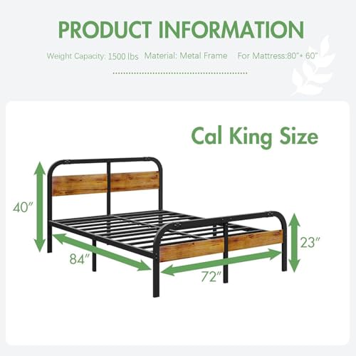 ZIYOO Full Size Metal Bed Frame with Solid Wooden Headboard, Country Style Bed Platform, 14 Inch High Heavy Duty Steel Slats Support, No Box Spring Needed, Easy Assembly
