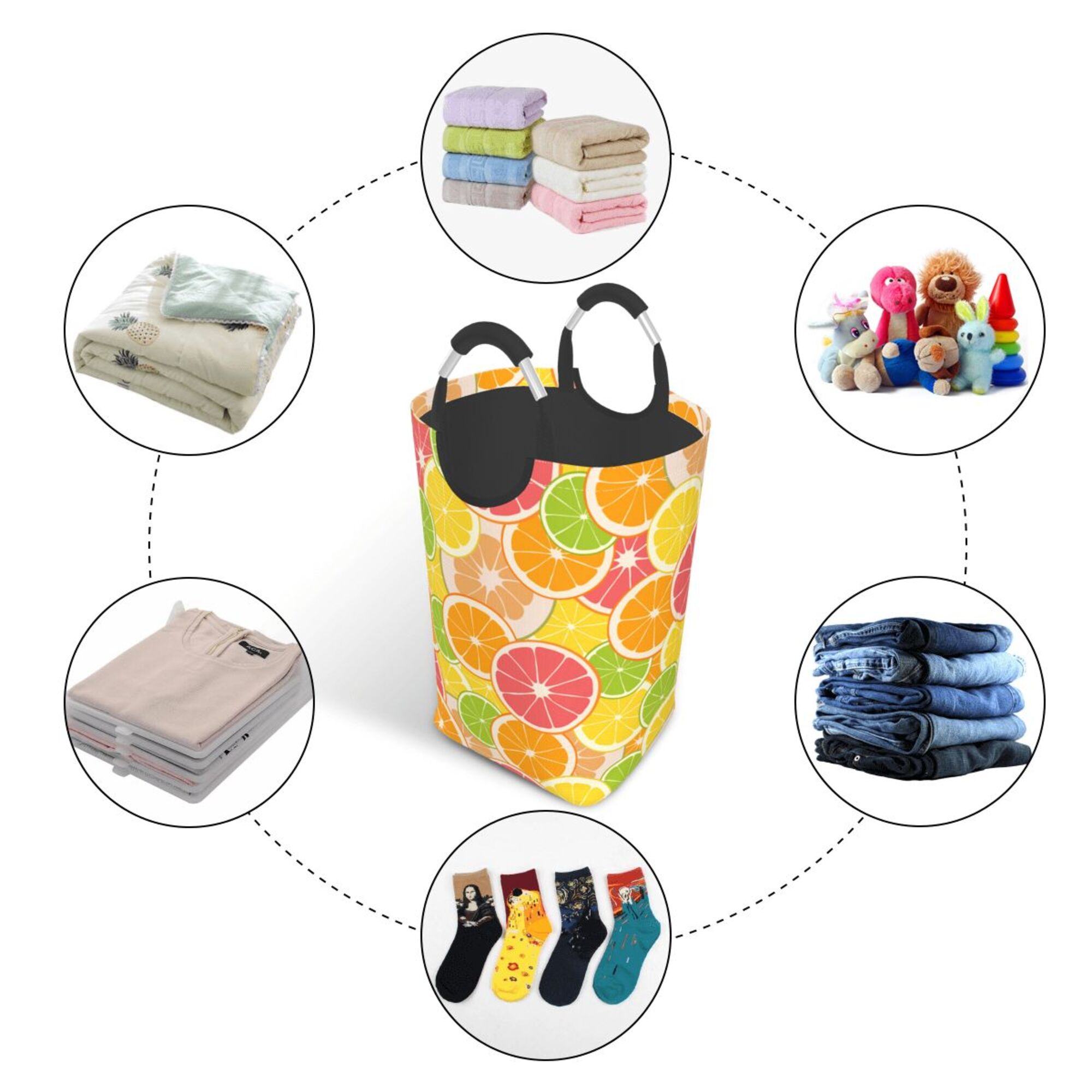 DouZhe 50L Rectangular Laundry Basket, Cute Lemon Orange Fruits Prints Waterproof Foldable Laundry Hamper with Aluminum Handles