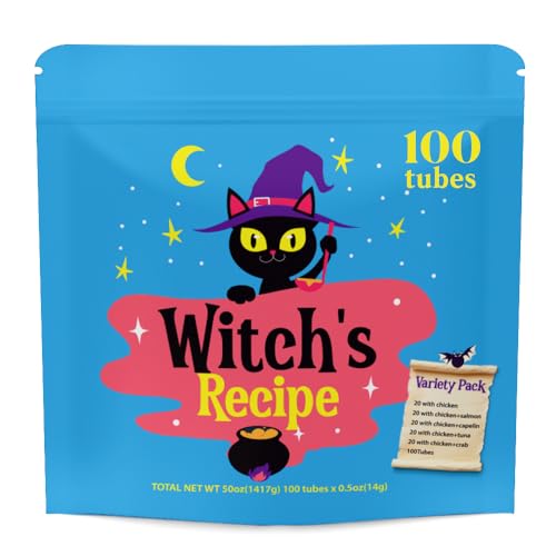 Witch's Recipe Lickable Cat Treats, Creamy Squeezable Puree, Grain-Free, 100 Tubes, Chicken Tuna Salmon goatmilk Capelin Flavors 0.5oz Each Tube