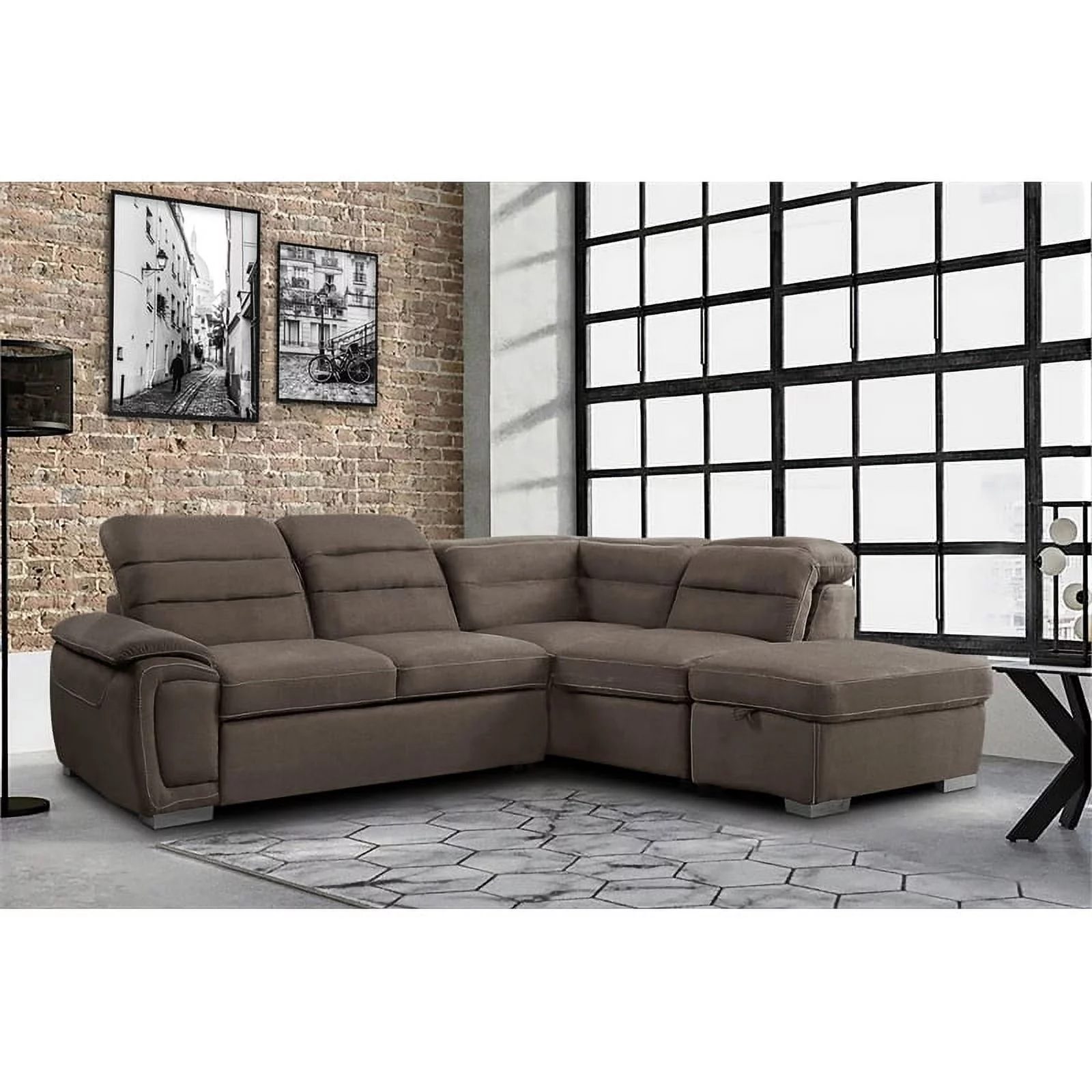 Lexicon Platina Microfiber Sectional with Pull Out Bed and Ottoman in Chocolate