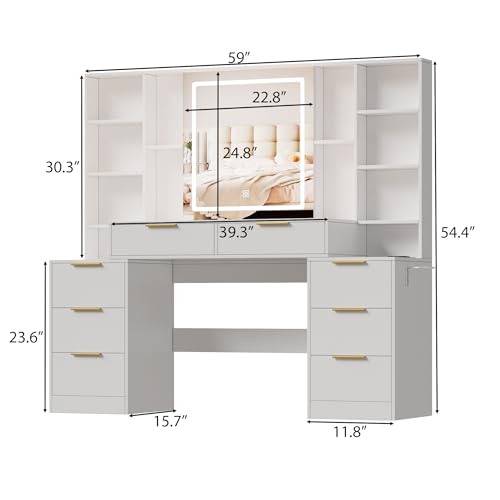 Large Makeup Vanity Desk with Lighted Mirror & Power Outlet,Dresser Table with 3 Lighting Modes Brightness Adjustable,Drawers,Shelves,Hair Dryer Stand for Bedroom,White (No Stool)