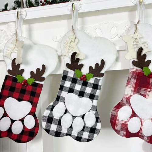 Sexybody Pet Paw Plush Christmas Stockings 2 Pack Xmas Decorations Fireplace Hanging Socks Family Holiday Dog Cat Gift Stockings (Grey & Red)