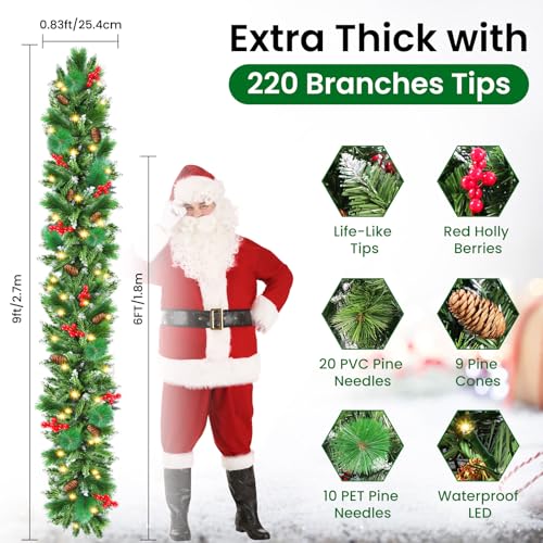 Christmas Garland with Lights, 50 LEDs 9FT Prelit Garland Battery Operated Outdoor Indoor Christmas Decorations Lighted Garland for Stairs Railing Fireplace Mantle Front Door Home Holiday Decor