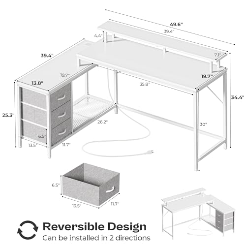 Huuger Reversible L Shaped Computer Desk with Drawers, Gaming Desk with LED Lights and Power Outlets, Office Desk with Storage Shelves, for Home & Office, Black