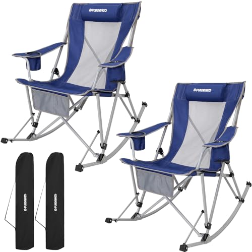 FUNDANGO Rocking Camping Chair, High Mesh Back Portable Folding Camp Chairs with Pillows, Cup Holder and Carry Bag for Lawn Patio Garden Outdoor Supports 300 Lbs (Black/Blue)
