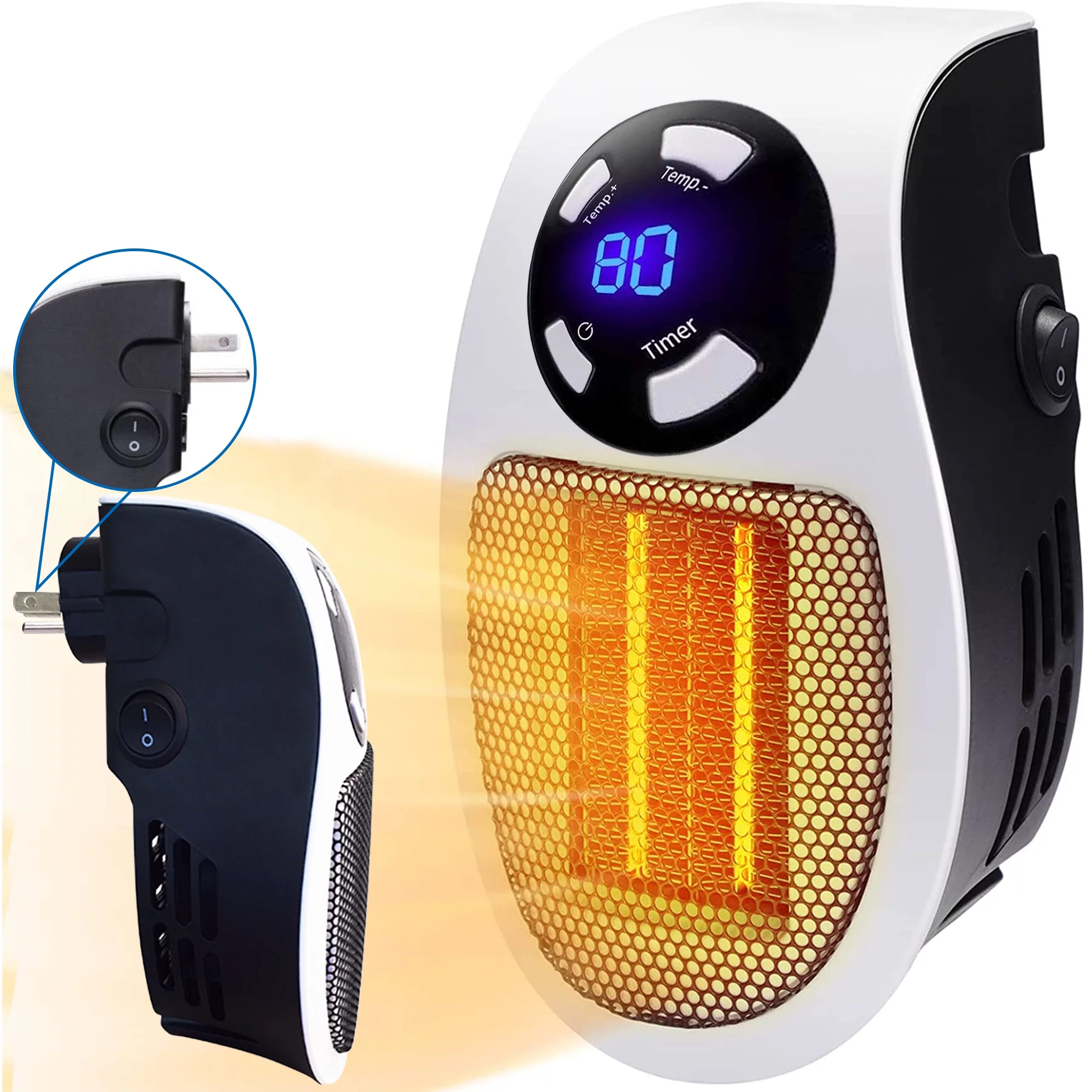 Programmable Space Heater with LED Display, Wall Outlet Electric Heater with Adjustable Thermostat and Timer for Home Office Bathroom Indoor Use, Small Plug in 350 Watt Heater, ETL Listed