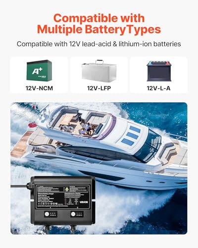 VEVOR Marine Battery Charger, 1-Bank, 5A 12V Onboard Boat Charger, IP68 Waterproof Smart On-Board Battery Charger, for Lithium-Ion (LiFePO4), NCM, Lead-Acid Batteries, Large Boat, Yacht, RV, Trailer