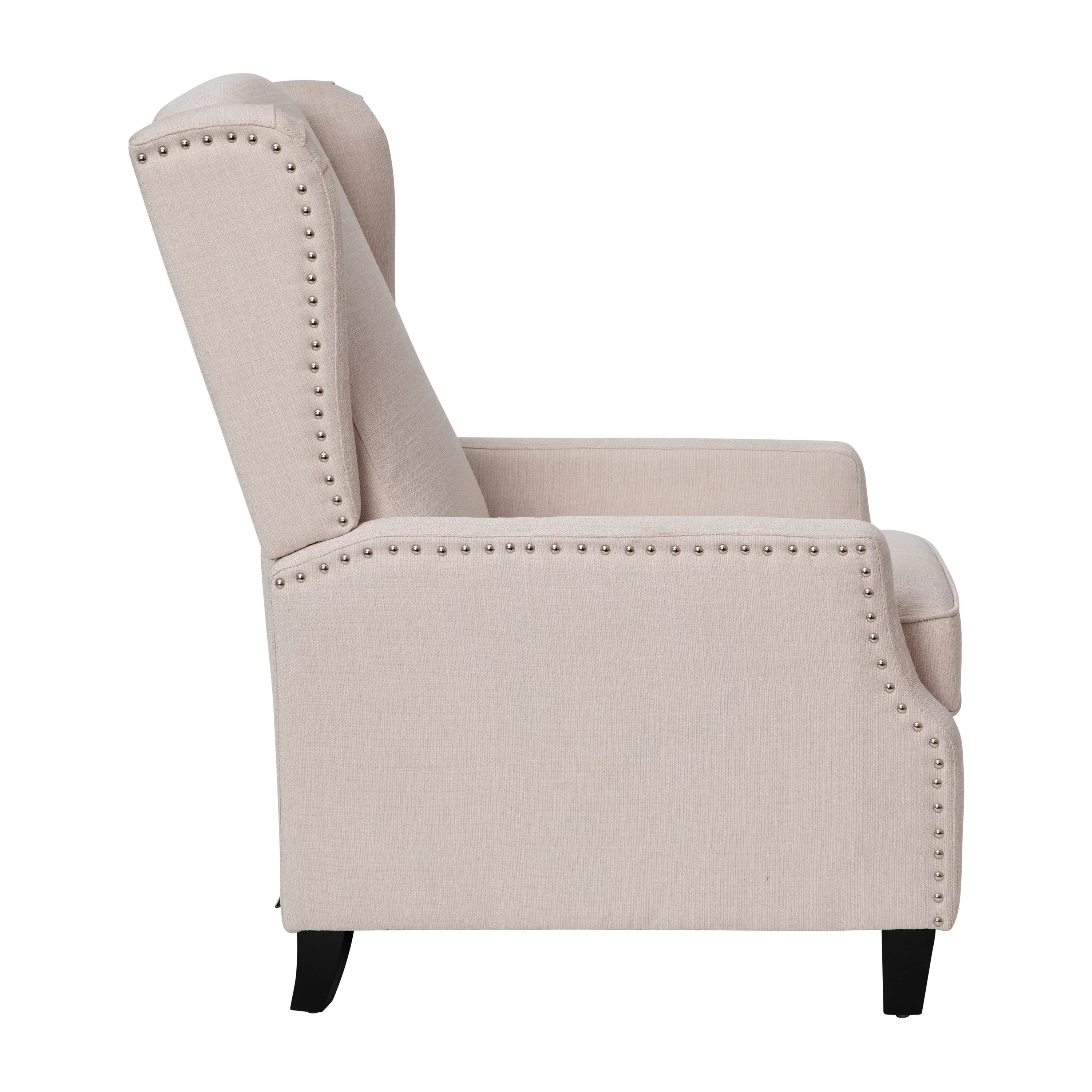 BizChair Traditional Style Slim Push Back Recliner Chair-Wingback Recliner with Cream Fabric Upholstery-Accent Nail Trim