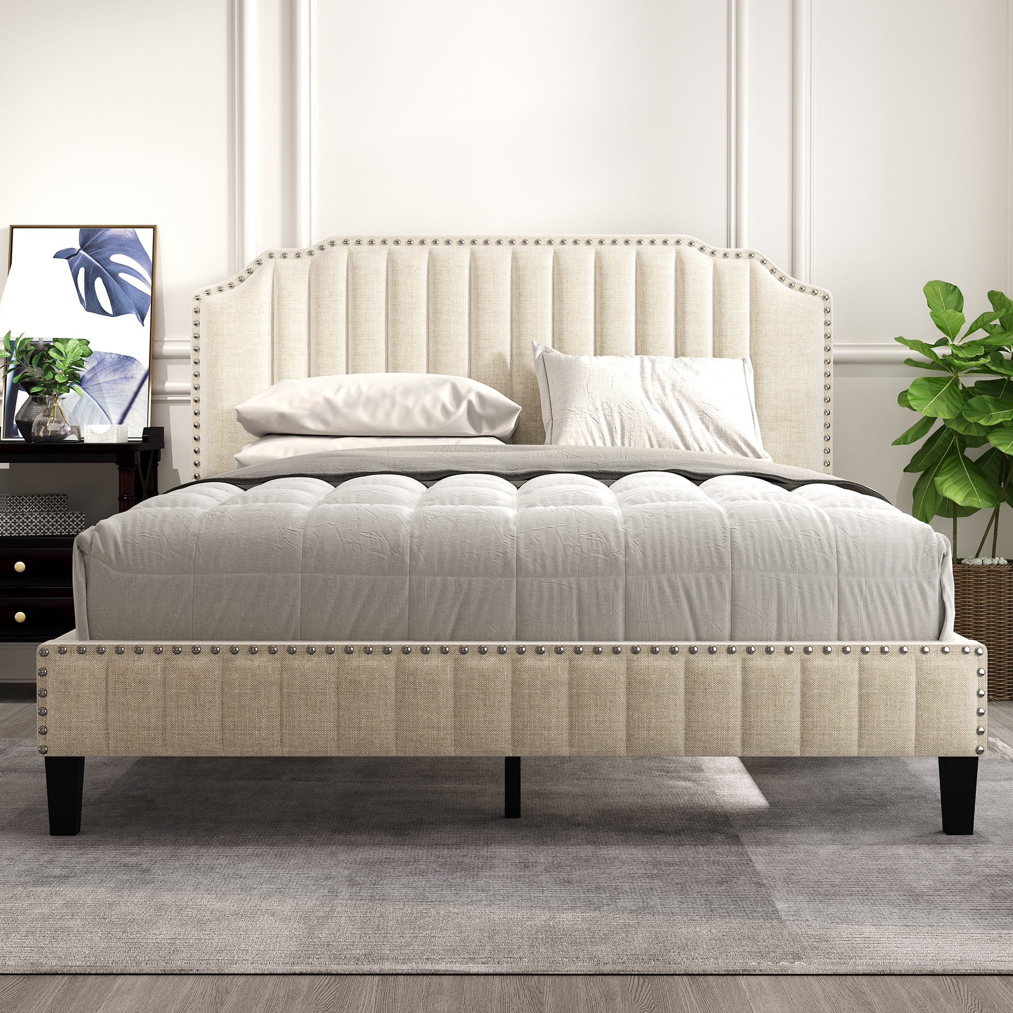 Inofia Modern Linen Curved Upholstered Platform Bed , Solid Wood Frame , Nailhead Trim, Beige (Queen)