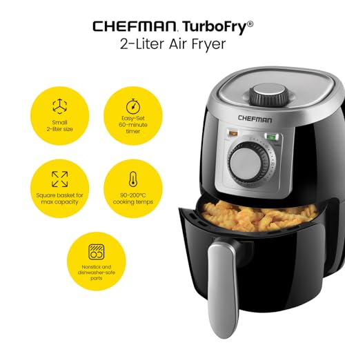 CHEFMAN 2 Qt Mini Air Fryer – Digital Space-Saving Compact Air Fryer with Nonstick and Dishwasher Safe Basket, Quick & Easy Meals in Minutes, Features Digital Timer and Shake Reminder – Black