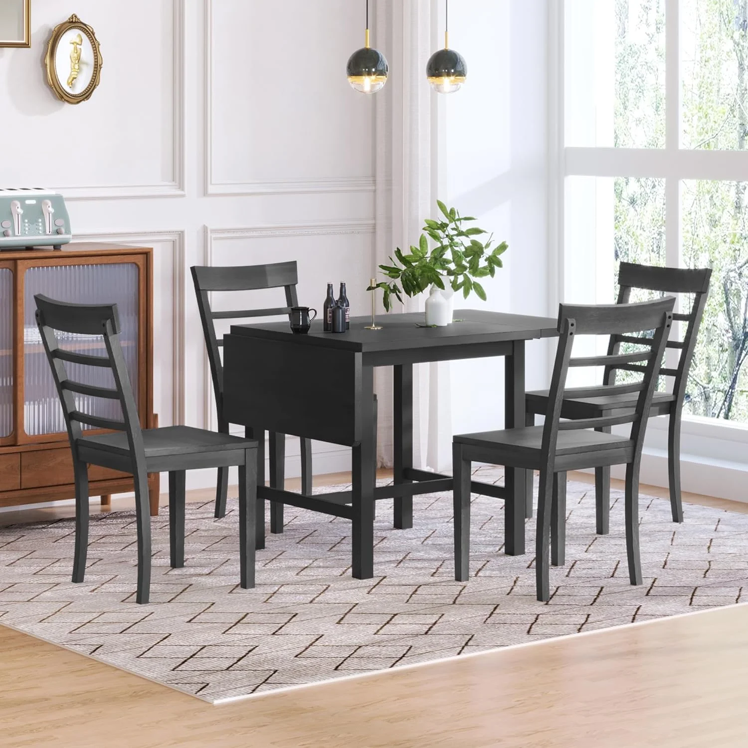 Wood Drop Leaf Dining Table Set With 4 Ladder Back Chairs, Space-Saving Breakfast Nook Table Set For Small Places, Grey