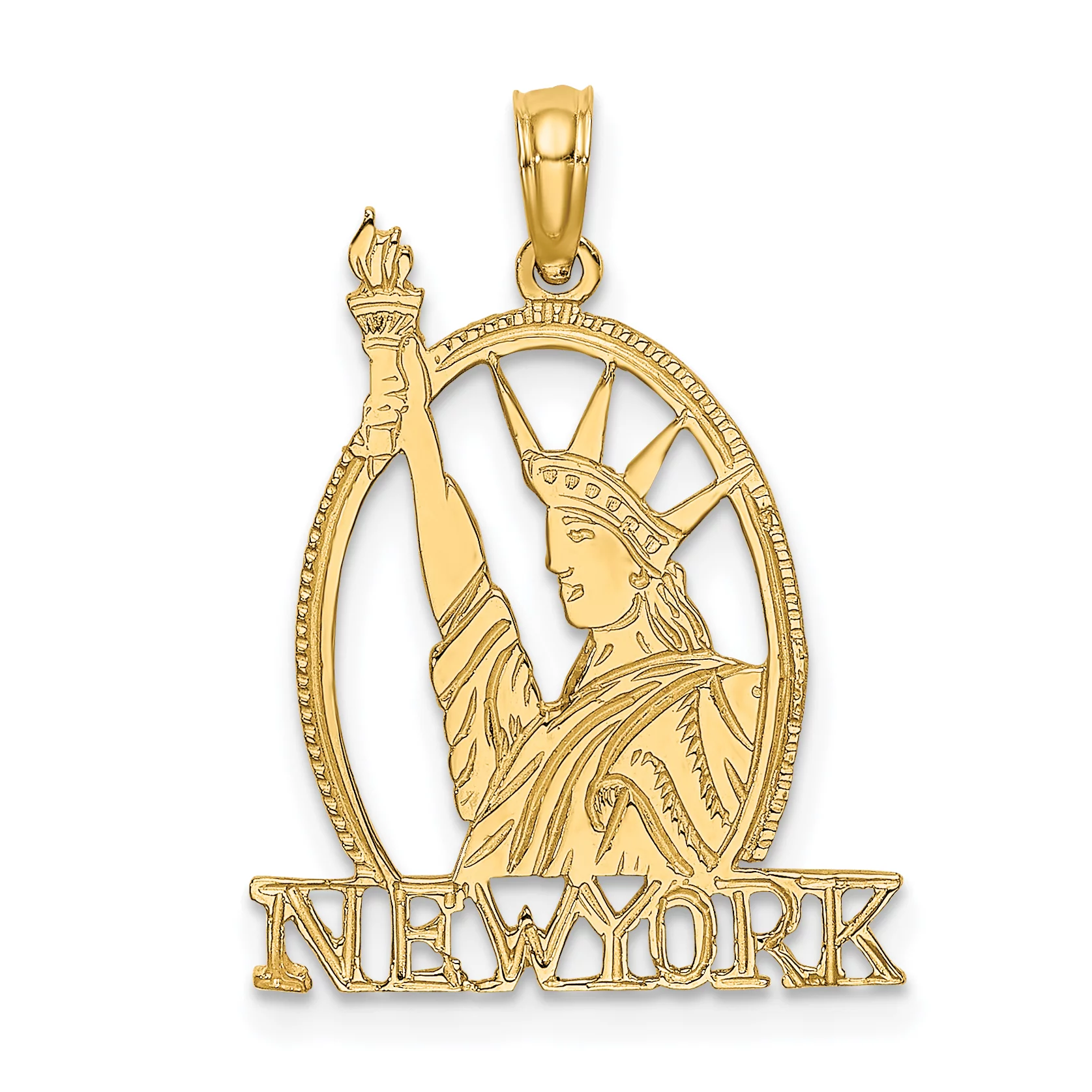 Carat in Karats 14K Yellow Gold Cut-Out New York With Statue Of Liberty Pendant Charm (21mm x 17.6mm) With 10K Yellow Gold Lightweight Rope Chain Necklace 18''