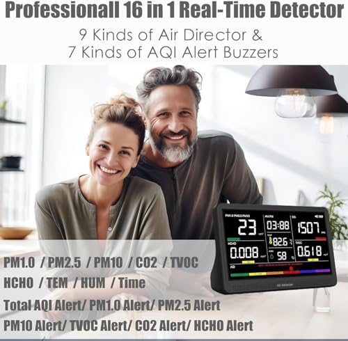 Professional Indoor Air Quality Monitor with 7X AQI Beep Alarms,16 in 1 Portable Real-Time Detector for PM2.5 | PM10 | CO2 | TVOC | HCHO | Temp | Hum for Home Cars Plants Pets