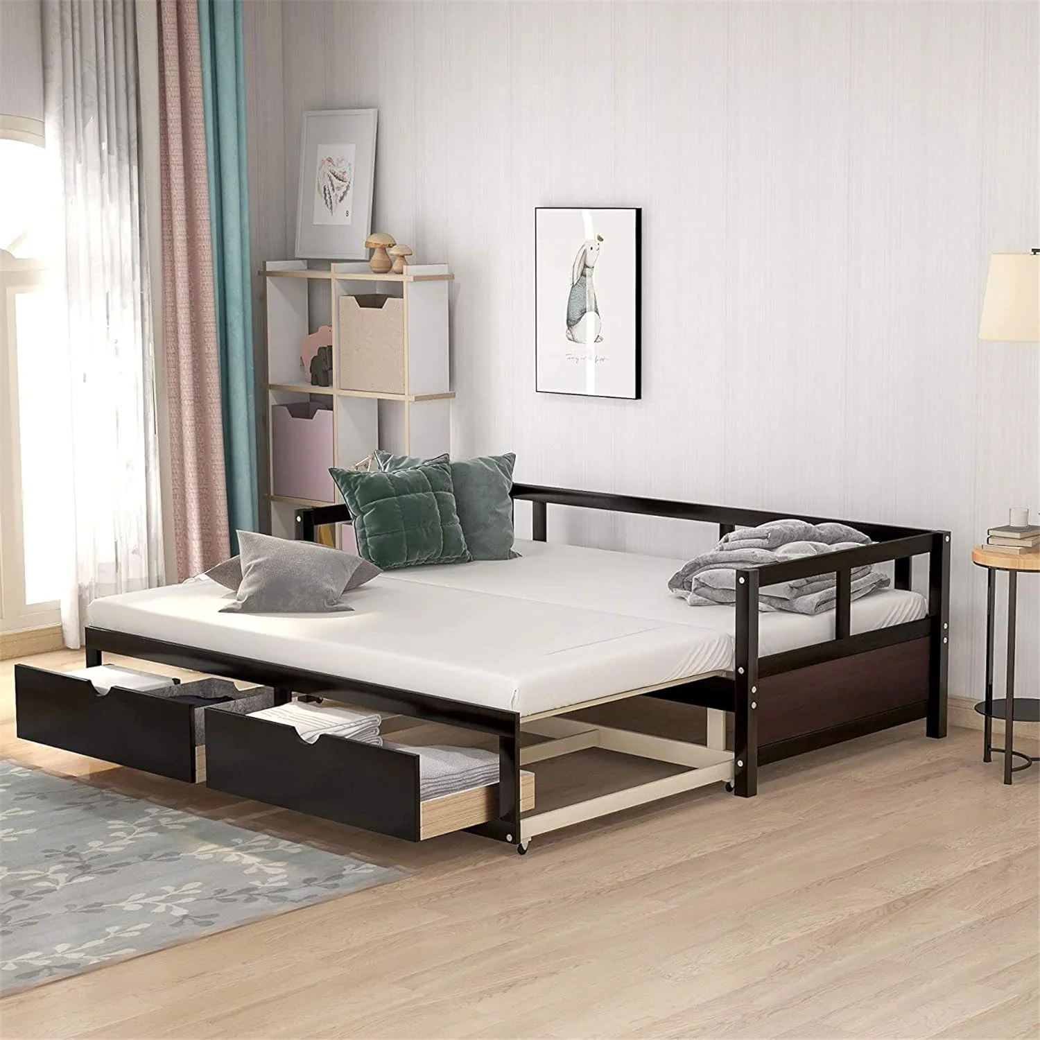 Wood Daybed With Two Storage Drawers, To Kig Daybed Extedable Desig,Woode Sofa Bed For Bedroom Livig Room,Espresso
