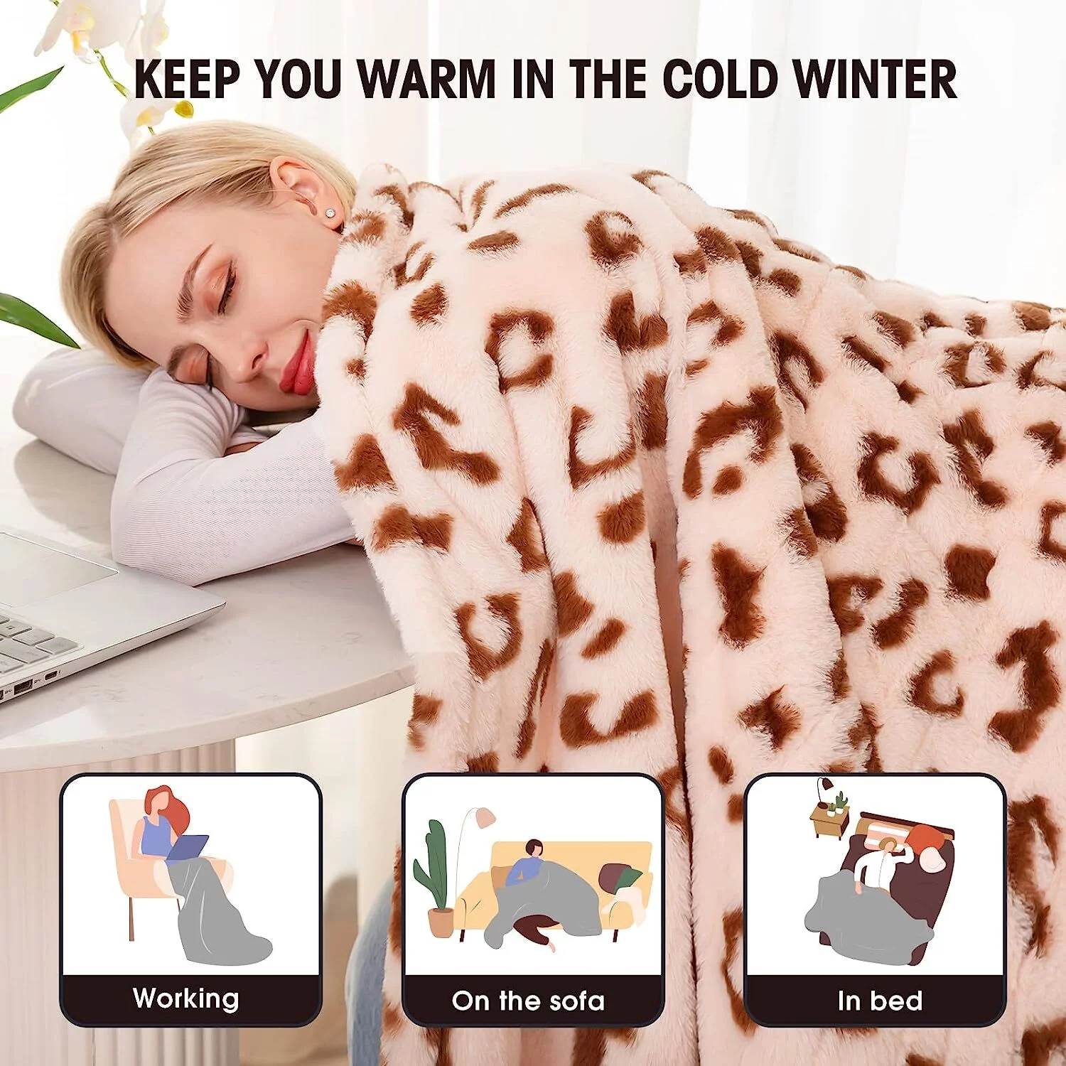 RUJIPO Heated Blanket Electric Blanket Throw - Faux Fur Heating Blanket 5 Heating Settings& 8 Hours Auto Off Fast Heating , ETL&FCC Certification-Brown,62
