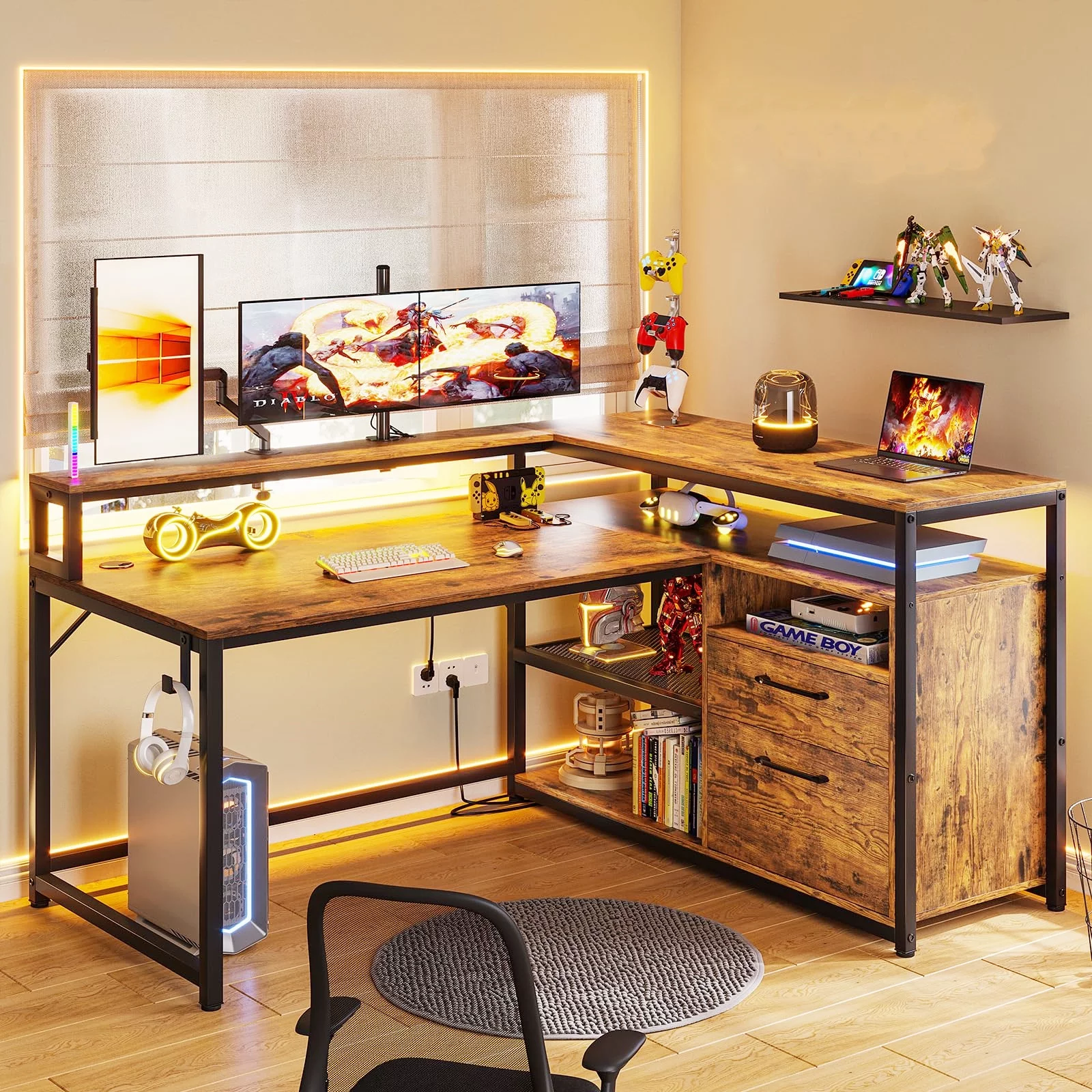 L Shaped Computer Desk with Drawers, Legal/Letter/A4 File Drawers, 59'' Corner Desk with Monitor Shelf &Hook,Home Office Desks for Printer, Rustic Brown