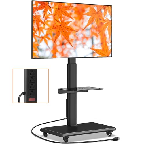 TVON Rolling TV Stand for 32 to 65 70 Inch TVs, Elegant Floor TV Stand with Wheels, Mobile TV Cart with 9 Levels of Height Adjustment for Optimal Viewing, White Floor Stand for Living Room