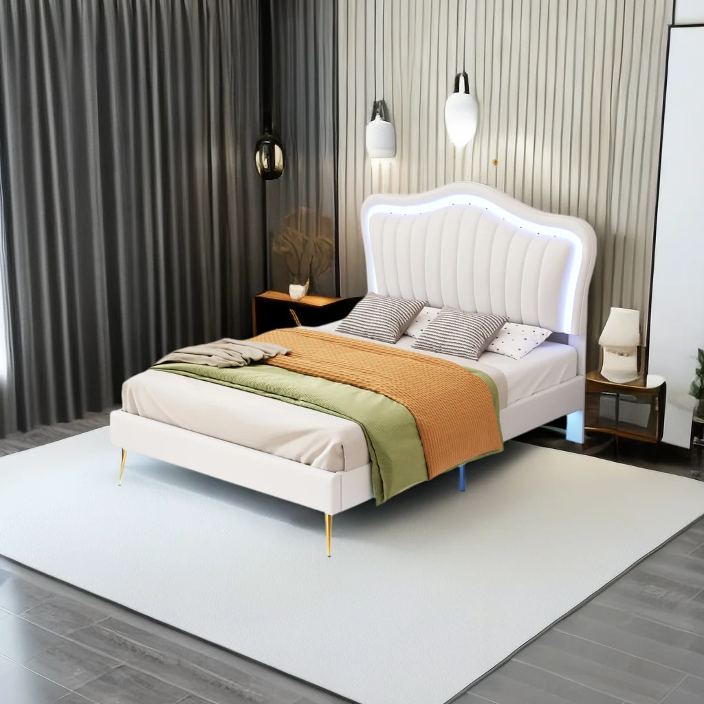 Twin Size Upholstered Princess Bed, Platform Bed Frame with Adjustable Crown Shaped Headboard and LED Lights, Fun Cute Bed Princess Bed for Kids, Bedroom Furniture Upholstered Bed