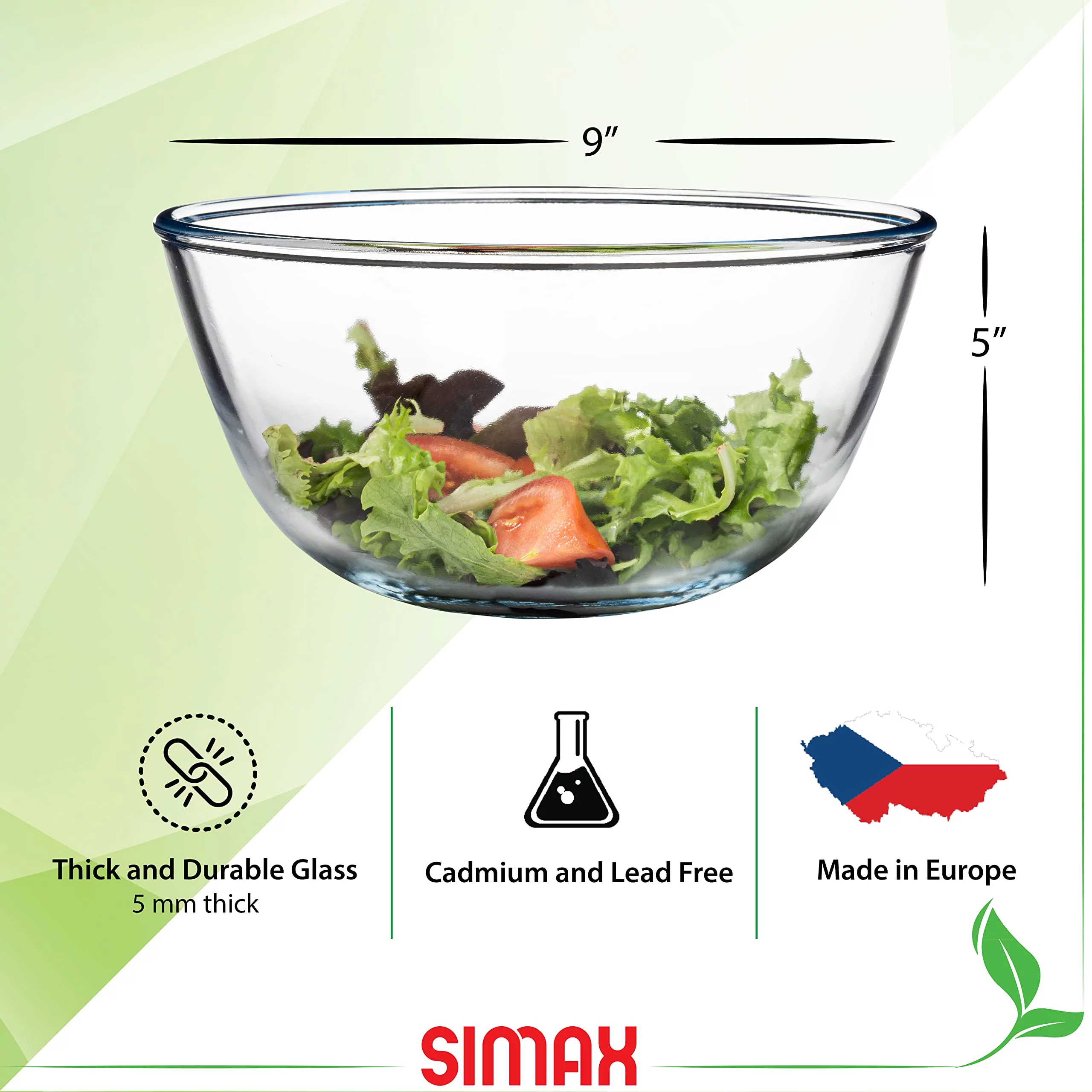 Simax 2.6 Quart Glass Mixing Bowl: Large Glass Bowl - Microwave & Oven Safe Bowls - Borosilicate Glass Serving Bowl - Glass Bowls for Kitchen - Clear Mixing Bowls for Cooking, Baking, Salad - 2.6 Qt