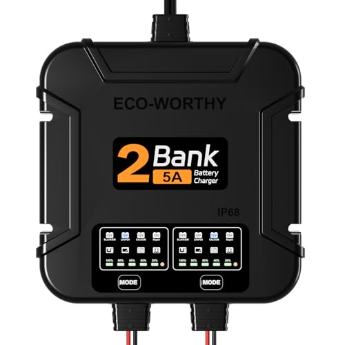 ECO-Worthy 2-Bank Marine Battery Charger 10A (5A/Bank), IP68 Waterproof 12V Charger & Maintainer for Boat RV Car, Lead-Acid LiFePO4 & Calcium Battery Desulfator