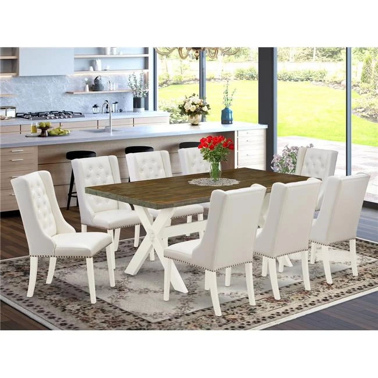East West Furniture  9 Piece X-Style Dining Room Set - Linen White