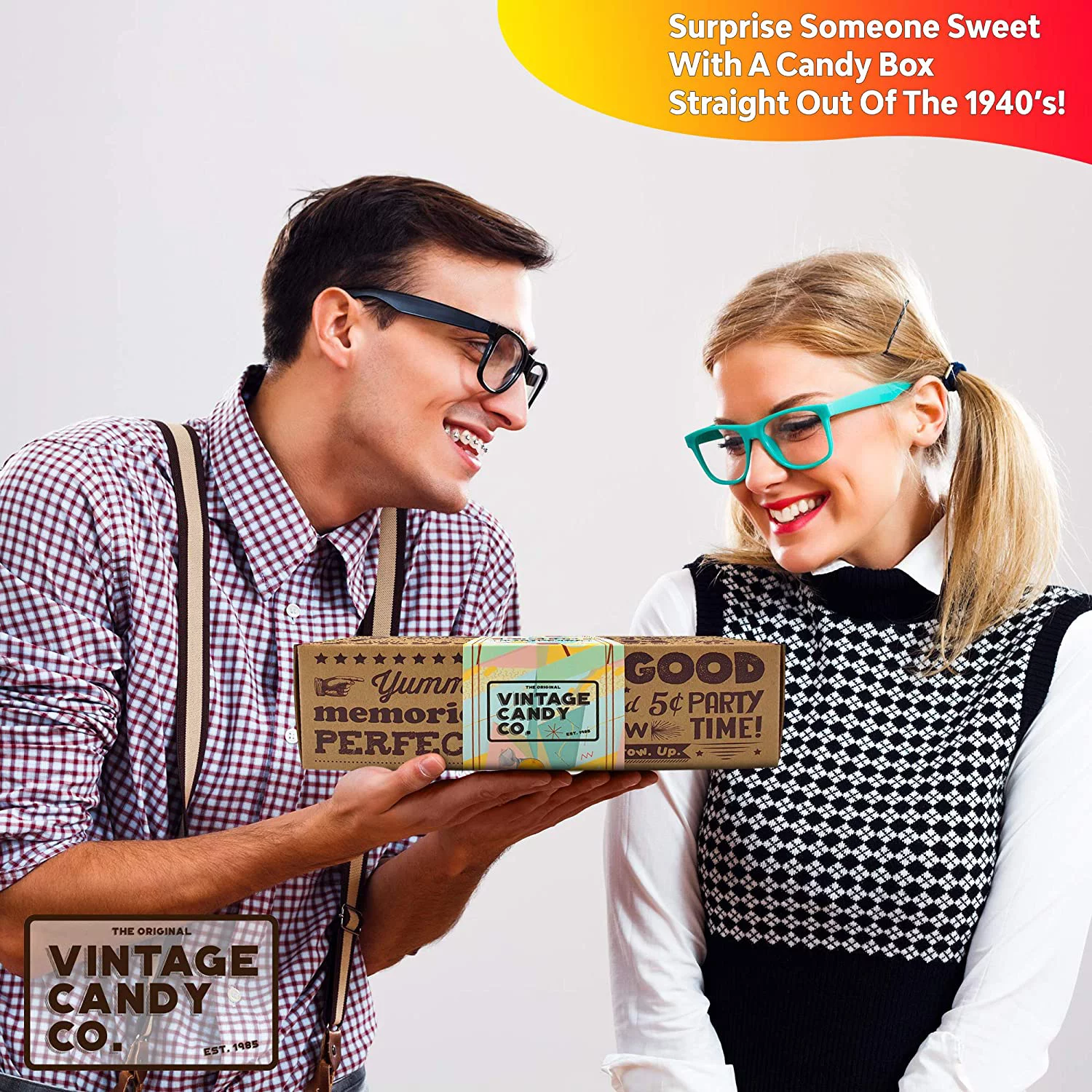 VINTAGE CANDY CO. 1940's RETRO CANDY GIFT BOX - 40s Nostalgia Candies - Throwback FORTIES Fun Gag Gift Basket - PERFECT '40s Candies For Adults, College Students, Men or Women, Kids, Teens