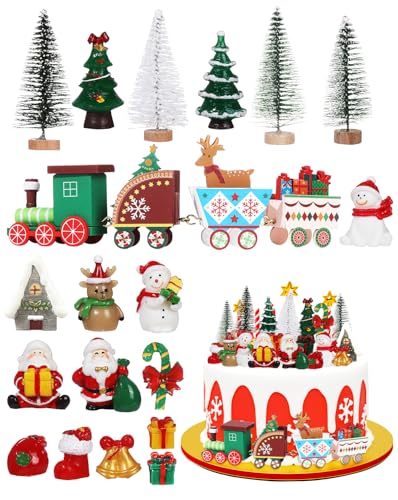 Merry Christmas Cake Decorations - 19 Piece Set With Cake Toppers, Christmas Tree, Santa Gifts, Birthday Party Supplies