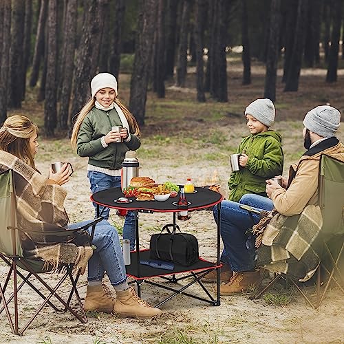 SUPER DEAL Portable Folding Picnic Camping Table with Storage Bag and 4 Cupholders, 2-Tiers Round Outdoor Camping Beach Table, Black