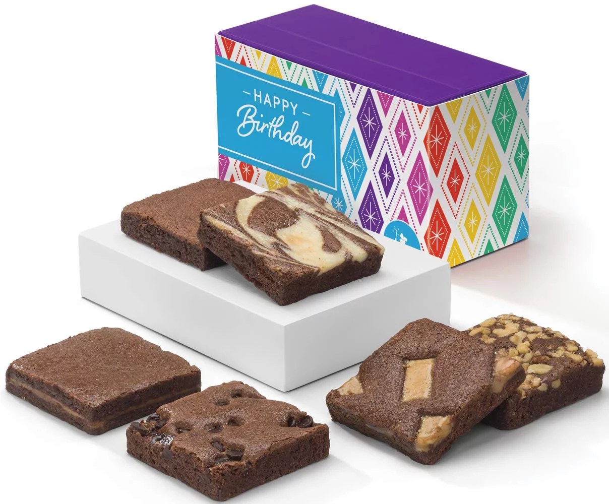Birthday Half-Dozen Individually Wrapped Gourmet Chocolate Food Gift Basket - 3 Inch Square Full-Size Brownies - 6 Pieces - Item HB160