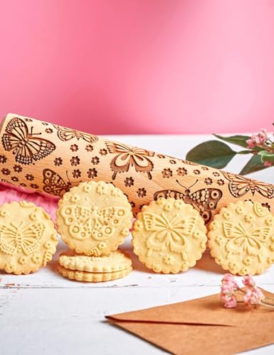 Wooden embossed Rolling Pins for Christmas Baking, cosybeau Embossing Rolling Pin Kitchen Decor Tools for Thanksgiving Baking Cookies with Butterfly Pattern (Embossed Butterfly + Smooth)