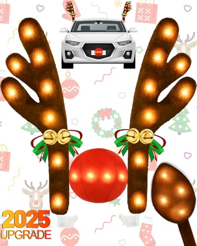 Christmas Reindeer Antlers Car Decoration Kit 2025, LED Lights Nose Vehicle with Jingle Bells Rudolph, Cute Costume Auto Holiday Accessories for SUV Van Truck Decor Multicolor