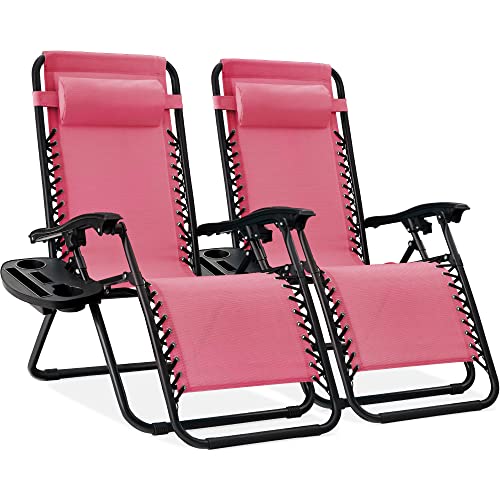 Best Choice Products Set of 2 Adjustable Steel Mesh Zero Gravity Lounge Chair Recliners w/Pillows and Cup Holder Trays - Black