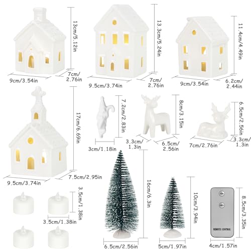 Christmas Decorations Indoor - 9 Piece Christmas Village Sets with 4 Remote Control Lighted Ceramic Houses, 2 Trees, 2 Deer & Santa - Neutral White Farmhouse Holiday Decor for Home Table Room(White)
