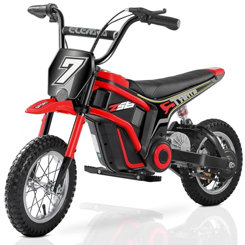 ELEMARA Electric Dirt Bike,350W Motorcycle for Kids with Tail Lights,Music & Bluetooth,15.5 mph & 150lb Max,Chain-Driven Motor, Twist-Grip Throttle & Hand-Operated Rear Brake,12