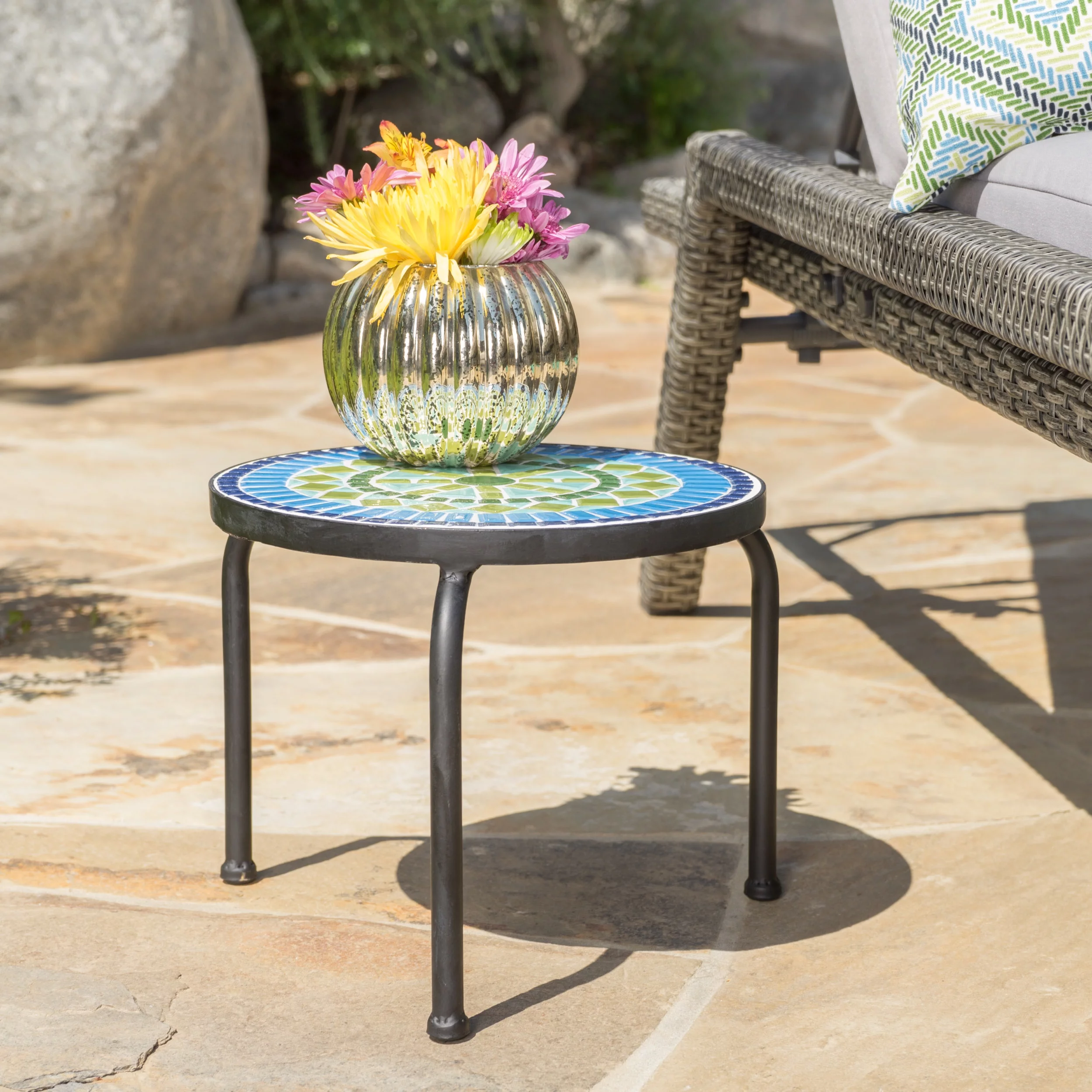 Noble House Martina Outdoor Ceramic Tile Side Table with Iron Frame, Blue and Green