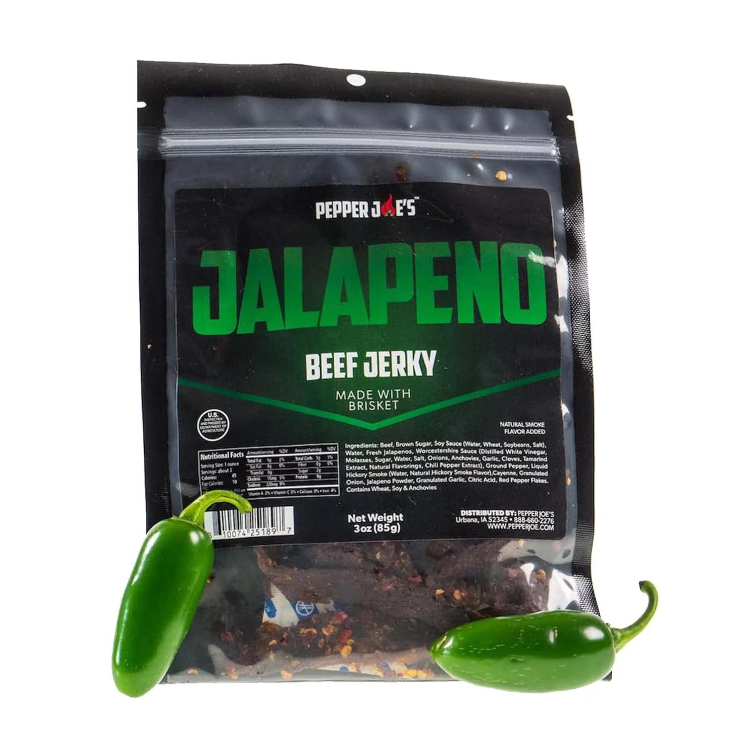Jalapeno Jerky – Premium Brisket Jerky Cuts Covered With Spicy Jalapenos, Sweet Brown Sugar,  Hickory Flavor – 3 Ounces