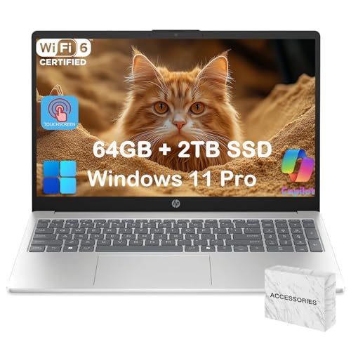 HP 15.6 Touchscreen Laptop Computer for Business & Student, w/Office Lifetime, Intel 13th Gen Core i3(Up to 4.5GHz), HD Touch Display, 64GB RAM, 2TB SSD, AI Copilot, Win 11 Pro, External DVD Drive