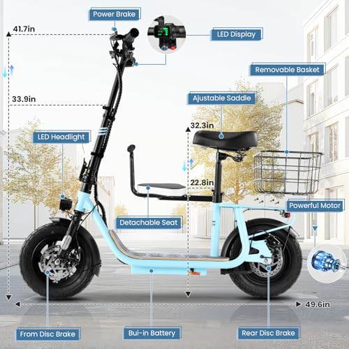 Caroma Peak 500W/800W/1200W Electric Scooter with Seat, 30 Miles Max Range Electric Scooter Adults&Teens, 48V Large Battery, 20MPH Top Speed Foldable Ebike, Adjustable E-Bike with Basket&Kid Seat