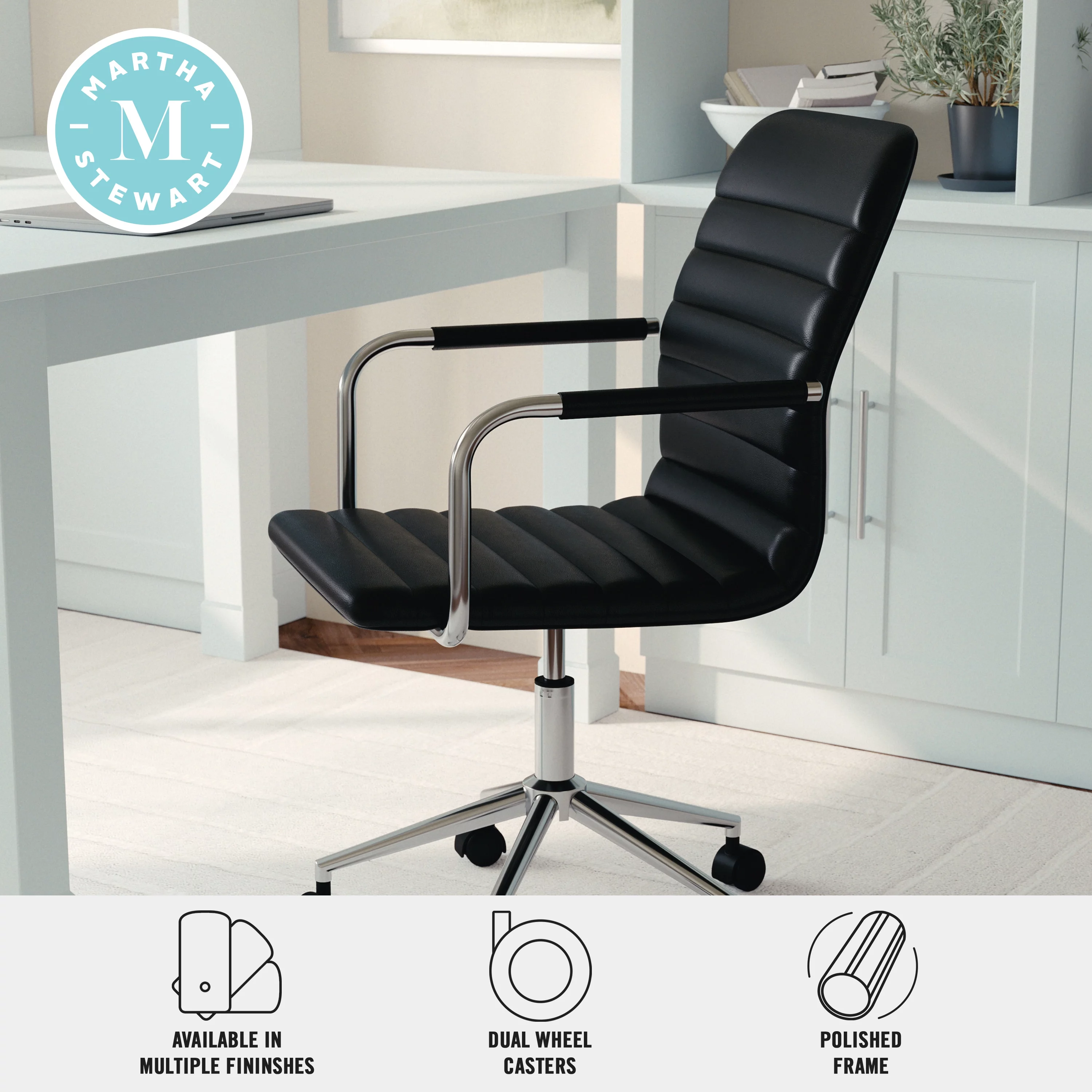 Martha Stewart Taytum Upholstered Office Chair in Black/Polished Nickel