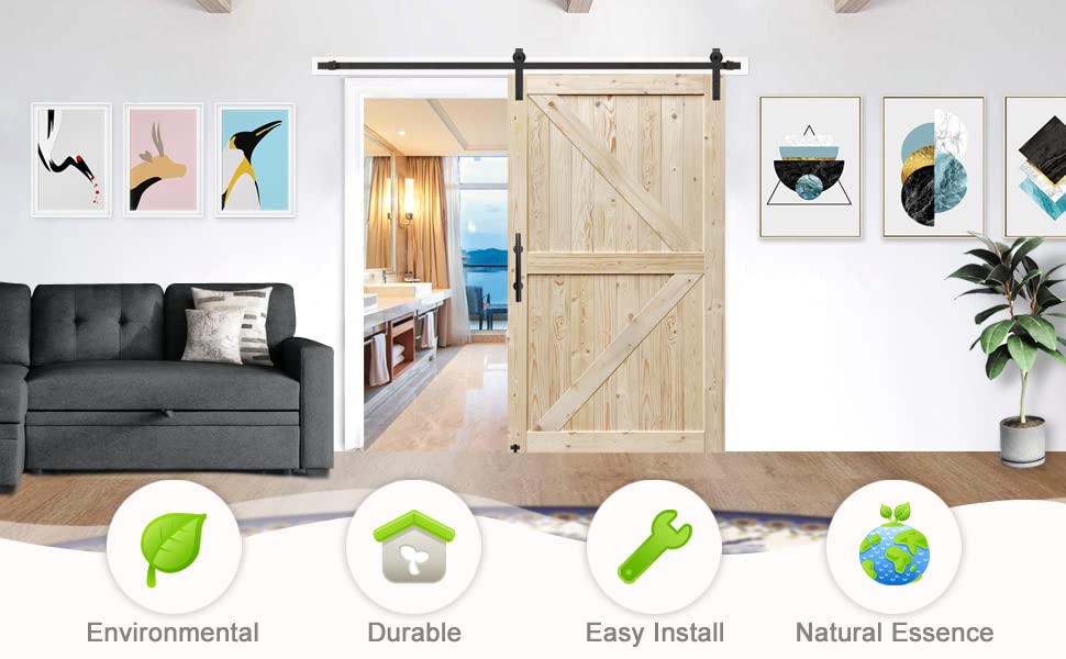 S&Z TOPHAND® 36in x 84in Barn Door, 20-60 in Unfinished British Brace Barn Door/Modern Style/Solid Wood/Simple Assembly is Required.Without Sliding Hardware