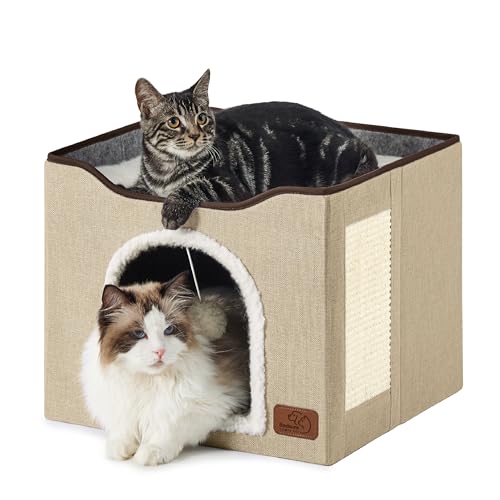Bedsure Cat Beds for Indoor Cats - Large Cat Cave for Pet Cat House with Fluffy Ball Hanging and Scratch Pad, Foldable Cat Hideaway, 16.5x16.5x13 inches,Red