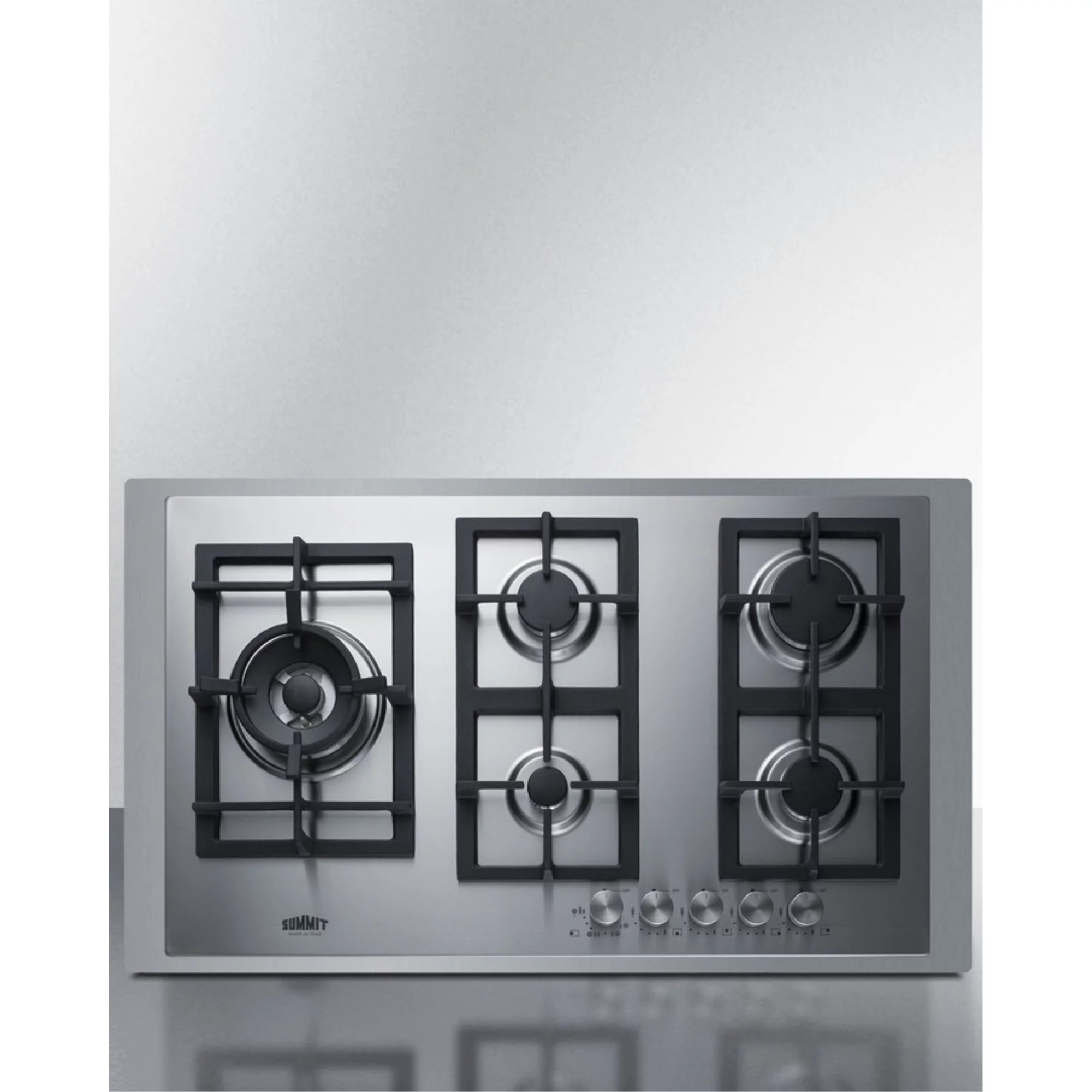 5-burner gas cooktop made in Italy in stainless steel with 36" wide SS trim kit, sealed dual flame burner, cast iron grates, and wok stand