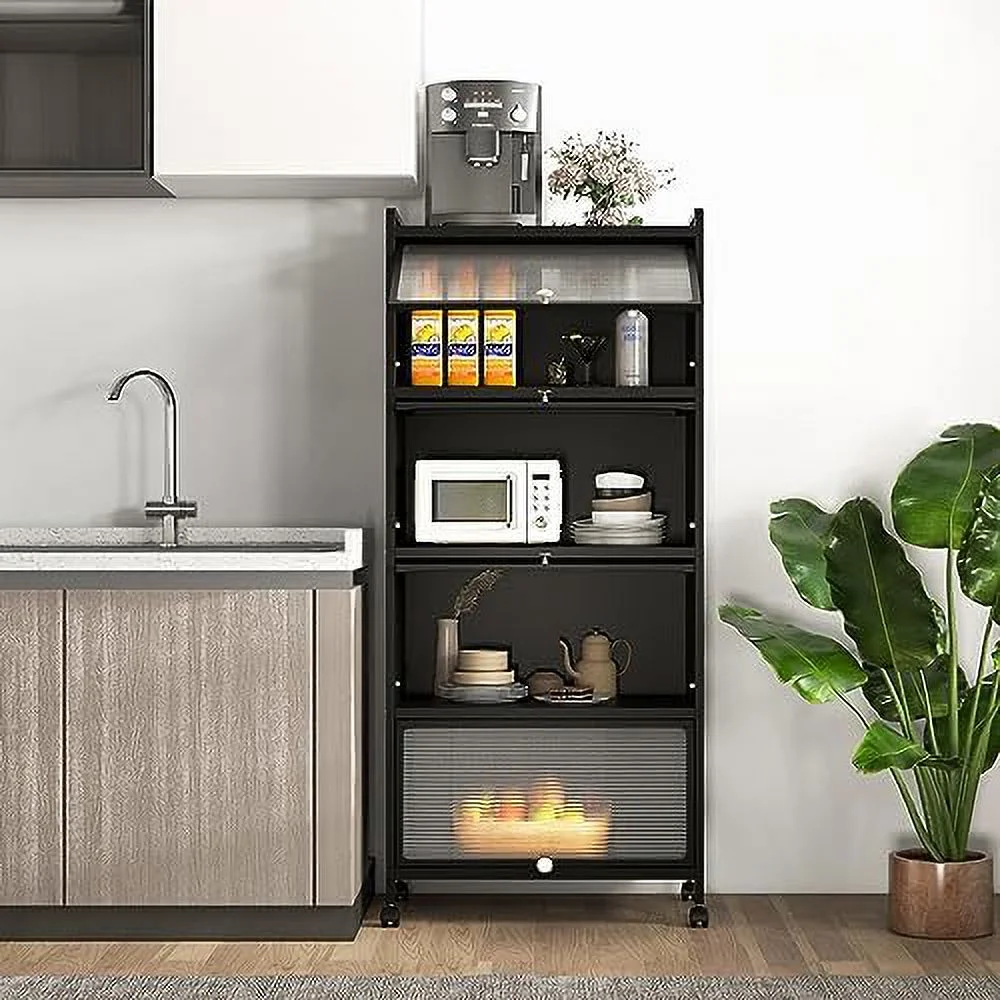 5-Tier Kitchen  Cabinet  Freestanding Baker\u2019s Rack with 4 Rolling Casters  Mobile Microwave Stand with Double Anti-toppling Device  for Dining Room  Living Room and Study  Black