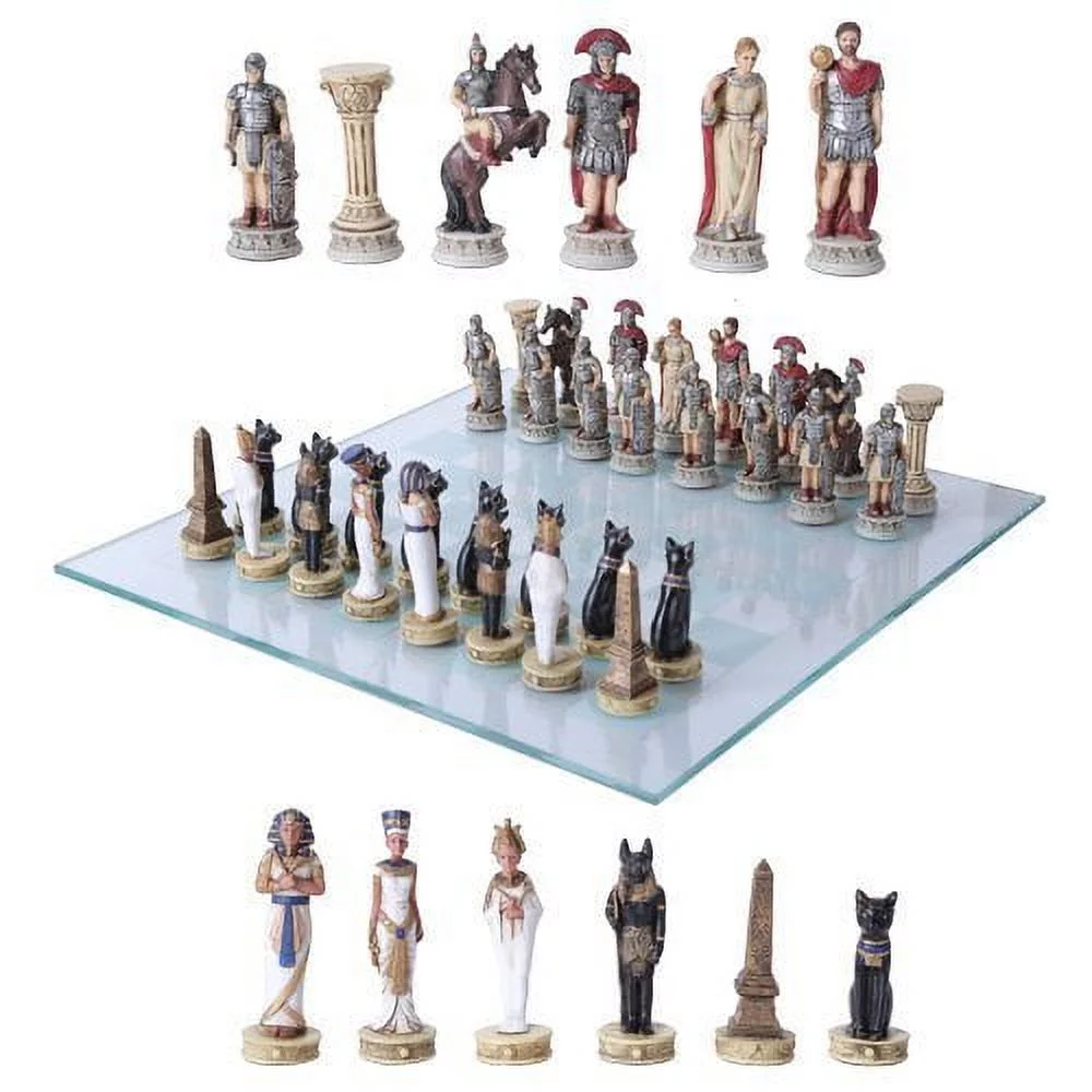 Pharaoh Egyptian Army VS Caesar Roman Empire Centurions Resin Chess Pieces With Glass Board Set