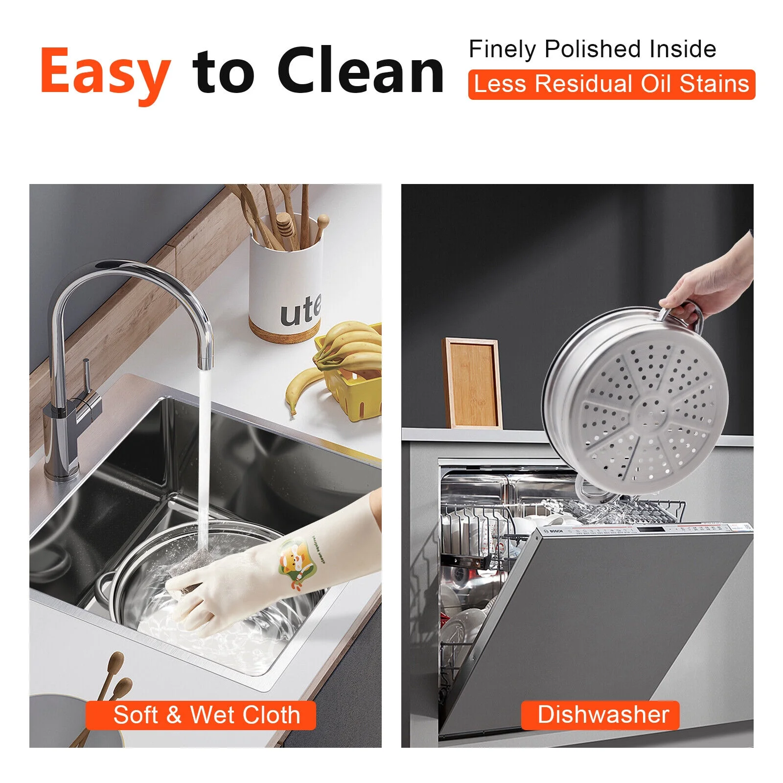 Steamer Hot Pot Stainless Cooker Steel Steam Pot Food Cooking + Glass Lid 3 Tier